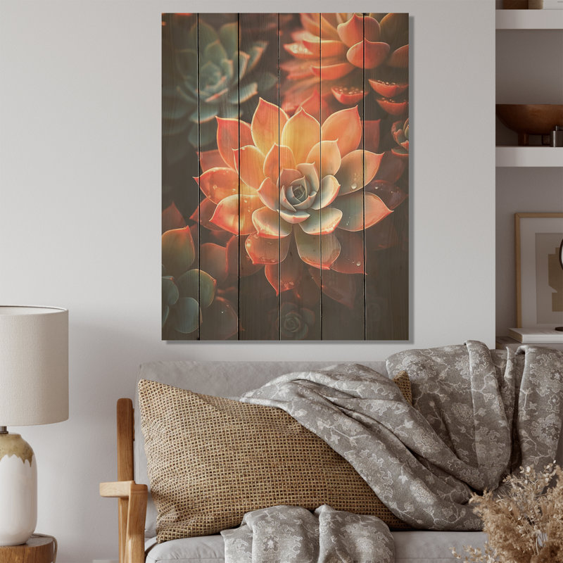 Fleurs orange succulentes - Art sur bois de pin naturel, H 20 po x l 10 po