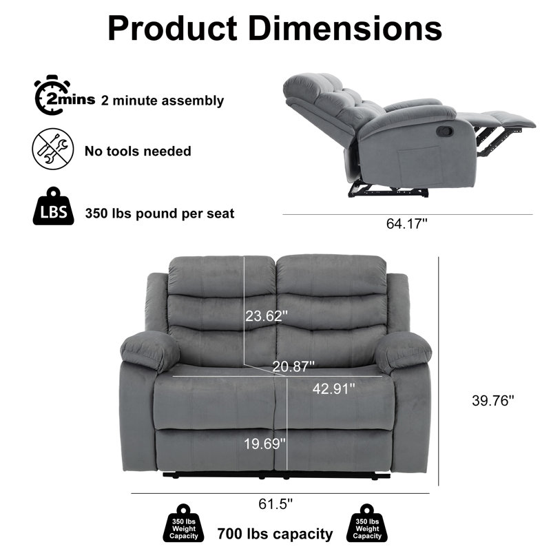  Reclining Loveseat Velvet RV Recliner Couch 2 Seater with Side Pocket, Double Wall Hugger Loveseat Recliner Sofas for Living Room, RV, Home Theater-Gray