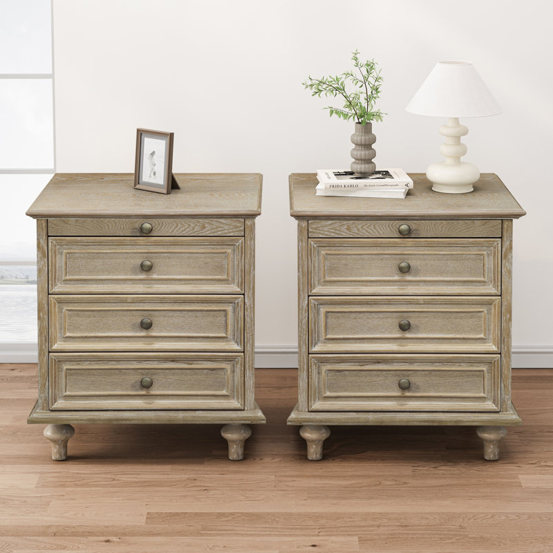 Tables de chevet Farmhouse avec 4 tiroirs, table de bout avec rangement en bois avec tablette coulissante cachée, grande table d'appoint avec 4 pieds en bois massif et poignée en métal, assemblage facile