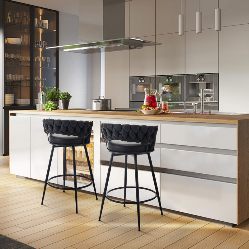 Bohdalice PU Leatherette Bar Stool (set of 2), With Braided Backrest And Footrest, Swivel Bar Stool, Seat Height 90.93cm, For The Kitchen, Dining Room And Home Bar