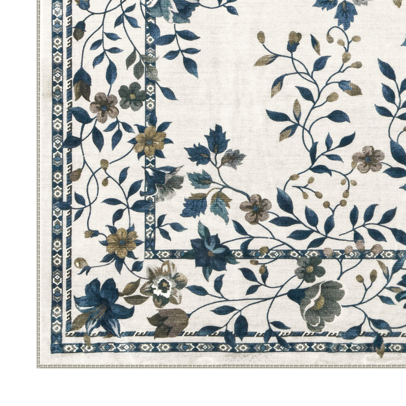 Vintage Blue Floral Medallion Machine Washable Area Rug, Ivory Cream Non-Slip Low-Pile Indoor Rug, Rectangle 8' x 10'