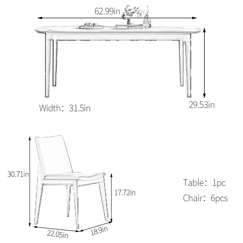 Ensemble de table de salle à manger simple en pierre frittée, H 29,53 po x L 62,99 po x l 31,5 po