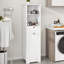 Armoire à linge compacte 16 po avec tiroir et tablettes, panier à linge inclinable en bois, blanc