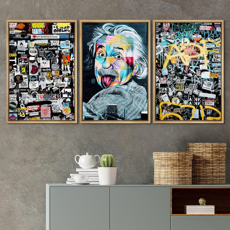 Peinture en aérosol drôle Albert Einstein Graffiti et art urbain, art moderne coloré, portrait urbain, 3 pièces