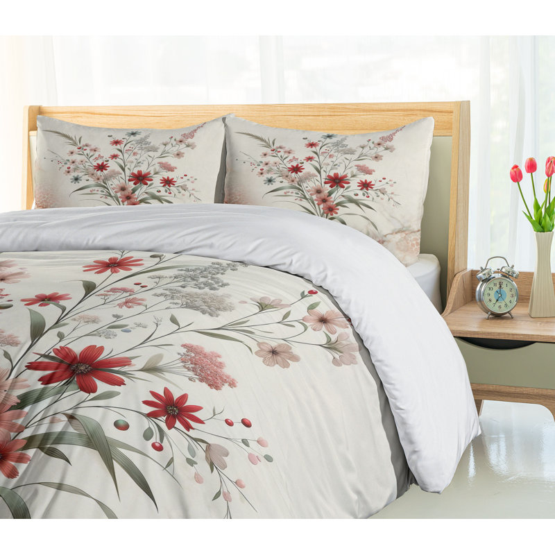 Minimal Flowers Duvet Cover, California King Duvet Cover + 2 Standard Shams