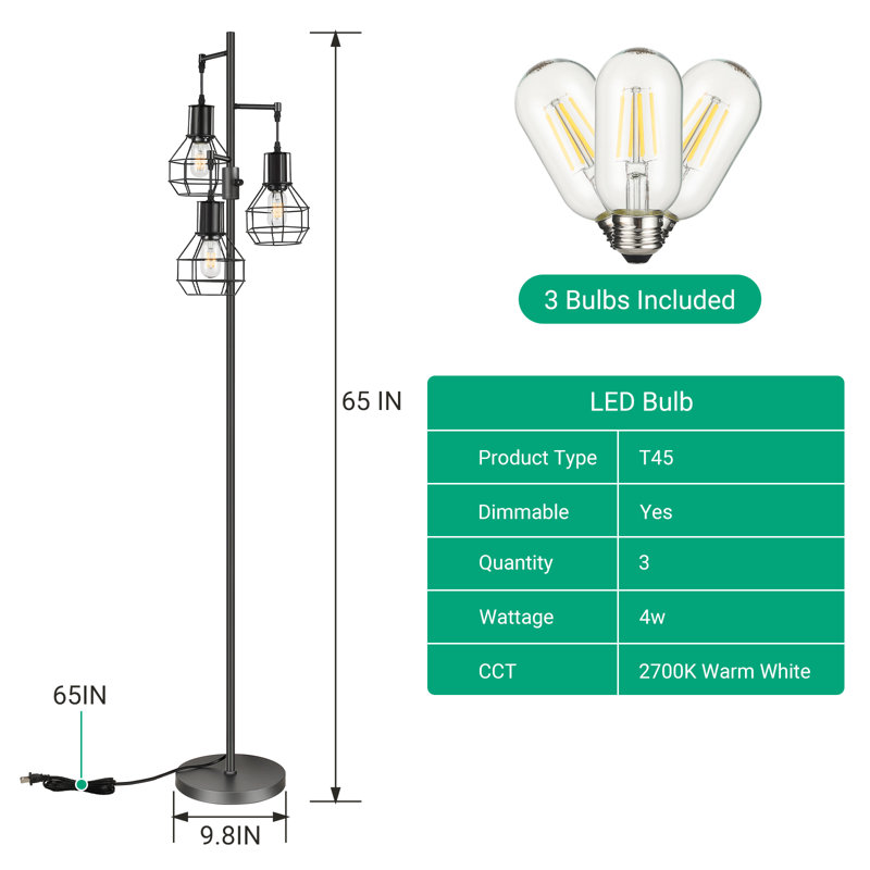 Lampe sur pied à intensité variable 65 po avec 3 ampoules Zakaria, Noir, noir, noir, noir