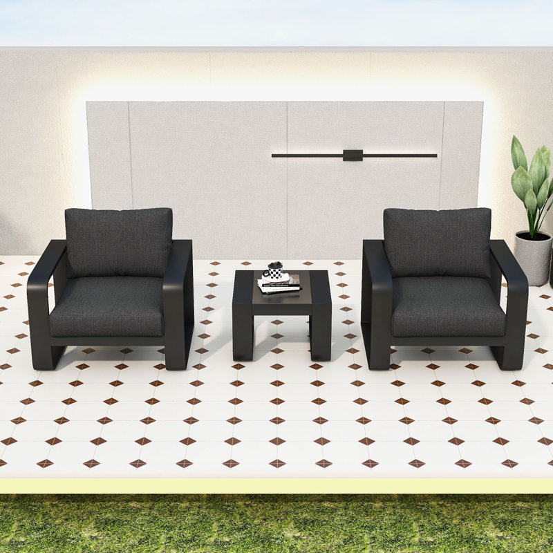 Obinna 3-Piece Outdoor Conversation Set with Removable Cushions and Tempered Glass Coffee Table