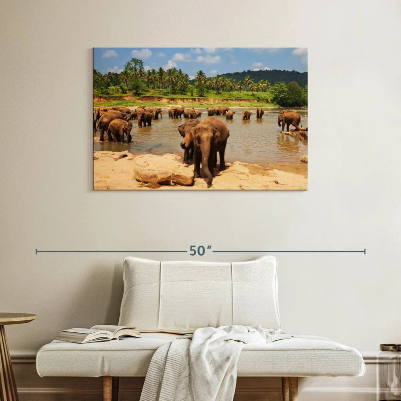 Brampt River Bathing Elephants, H 26 po x l 39 po