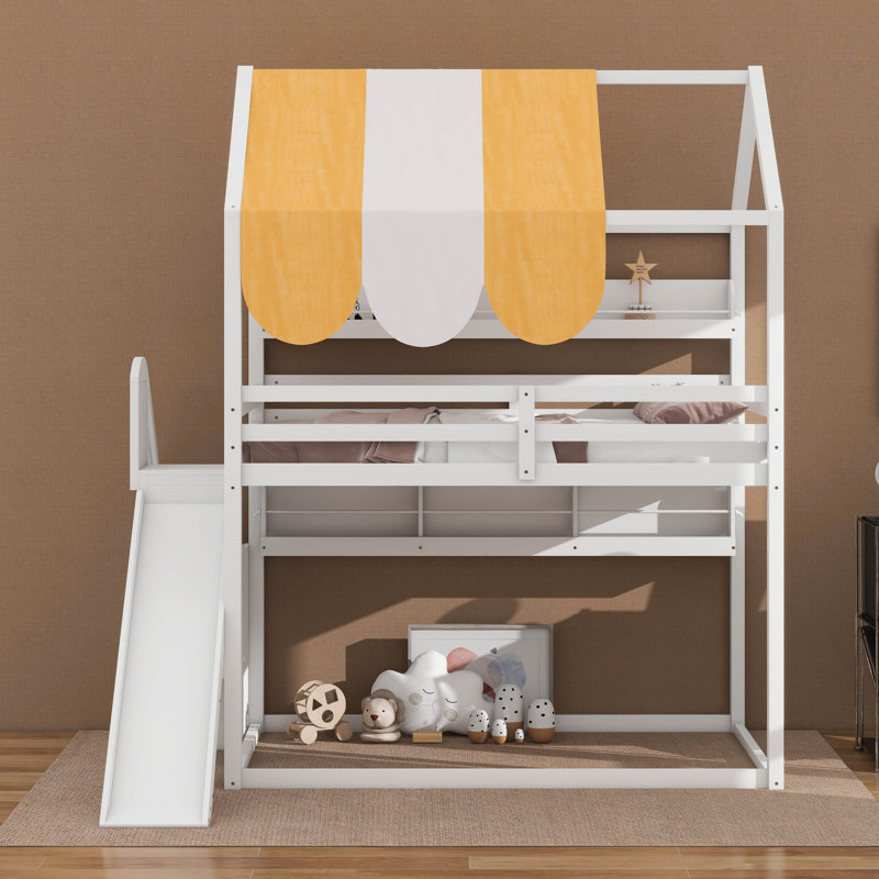 Full Size House Bed With Canopy & Slide, Built-In Bookshelves, Solid Wood Loft Frame, White