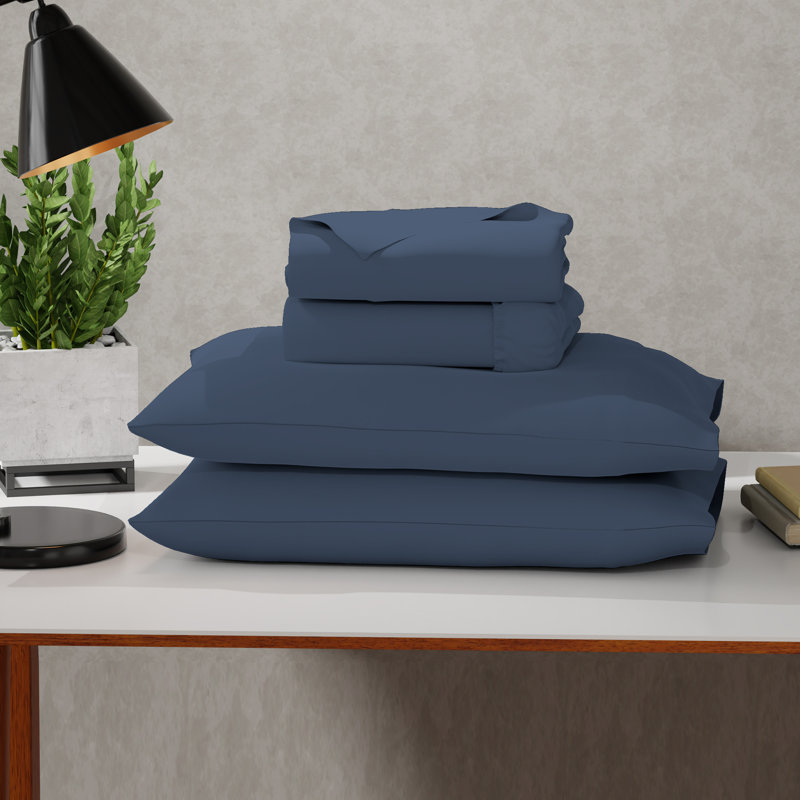 Ensemble de draps en microfibre ultra-doux et infroissable, Ensemble de draps pour lit double + 2 taies d'orei, Bleu marine