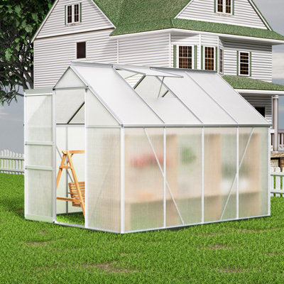 8' L X 6' W Walk-In Polycarbonate Greenhouse With Roof Vent,Sliding Doors,Aluminum Hobby Hot House For Outdoor Garden Backyard