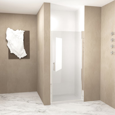 28"X72" Pivot Shower Door With Brushed Nickel Aluminum Half Frame, 1/4" 6Mm  Tempered Glass, - Shock Packaging, Stainless Steel Handle For Bathroom User