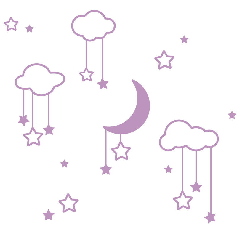 Décalcomanie murale étoiles et nuages lune, H 22 po x l 24 po x P 0,01 po, Lilas