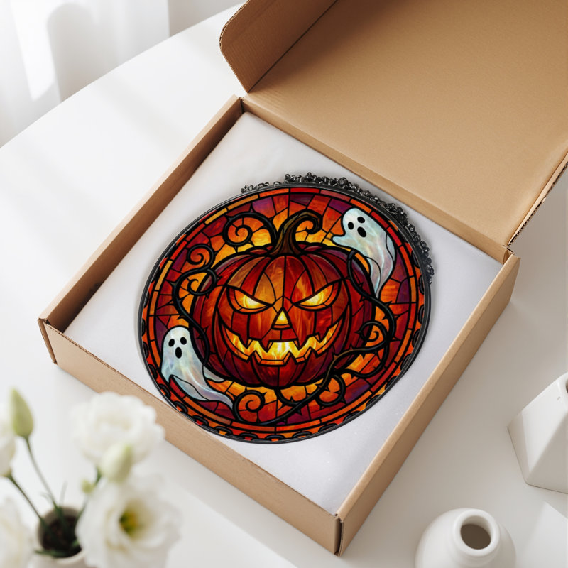 12"H Pumpkin Ghost Stained Glass Window Panel