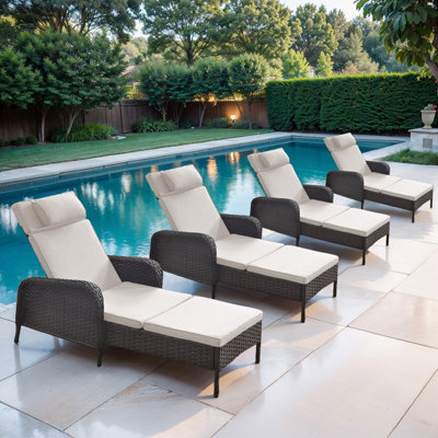 Dahlyla Outdoor Wicker All Weather Chaise Reclining Lounges with Cushions (Set of 4)