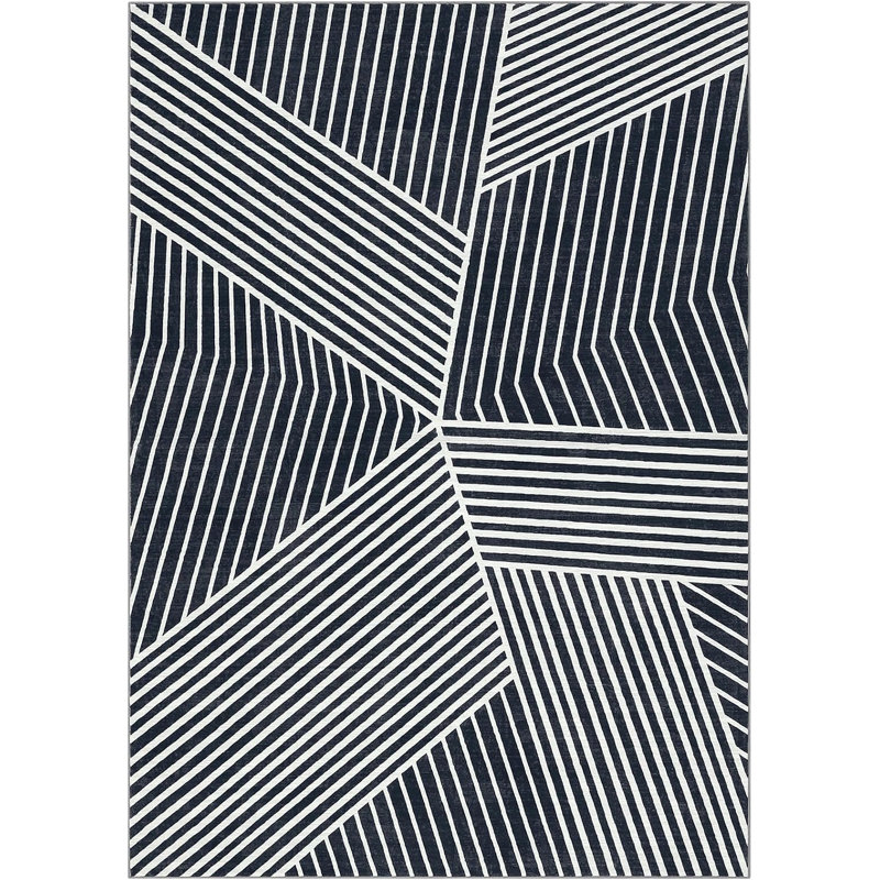Modern Washable Striped Hallway Runner, Non-Slip, Low Pile, Farmhouse Rug for Kitchen & Laundry - Black, Rectangle 8' x 10'