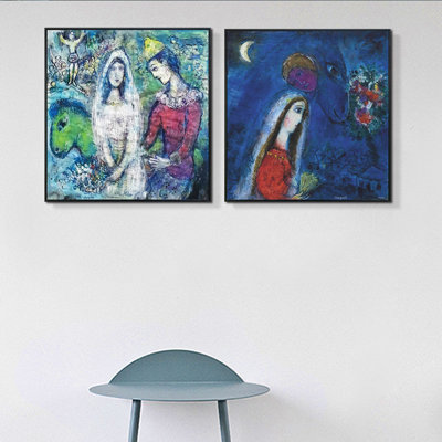 Reproduction d'art numérique sur toile encadrée, 2 pièces par Marc Chagall, série d'art mural n ° 15 pour les décorations de bureau à domicile (cadre de couleur bois mince, 16 po x 16 po chaque pièce)