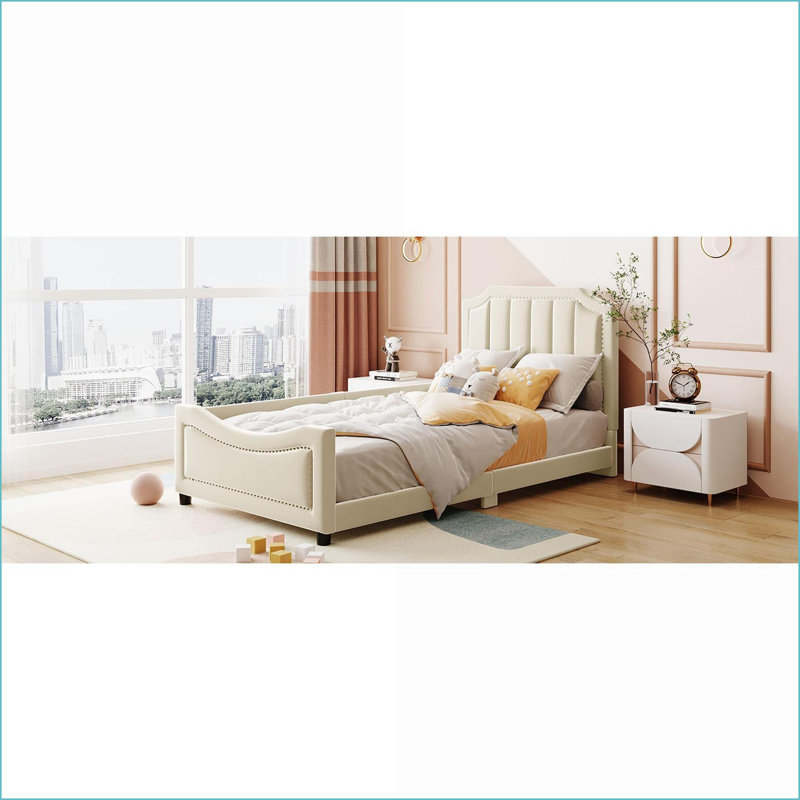 Twin Size Velvet Upholstered Daybed with Classic Stripe Headboard, Beige - No Box Spring Needed, Pine Wood Frame, Beige