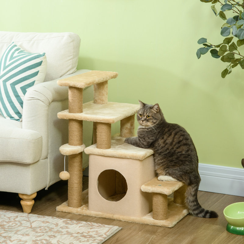Pet Stairs, Adjustable Height 3 Step/4 Step Cat Steps with Jute Cat Scratching Post, Condo, Toy Ball for High Bed, Sofa, Couch, for Indoor Small Kittens, Beige