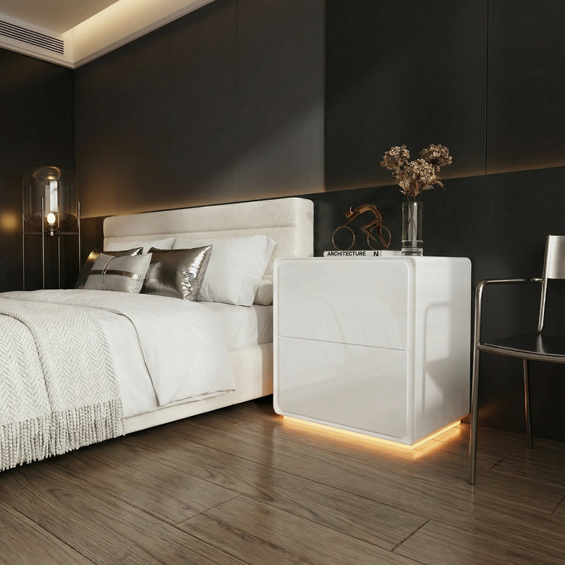 White Nightstand, 20" H — High-Gloss Finish, Built-In LED Base Light