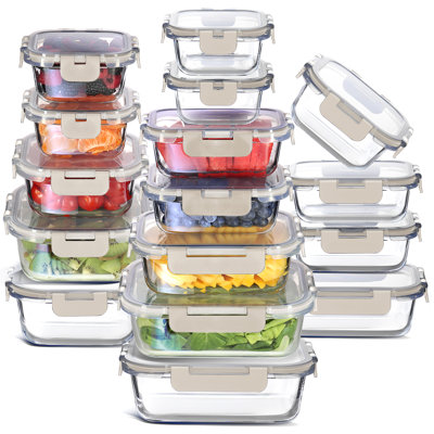  32-piece glass storage container set with lids, including 16 food storage containers and 16 airtight lids