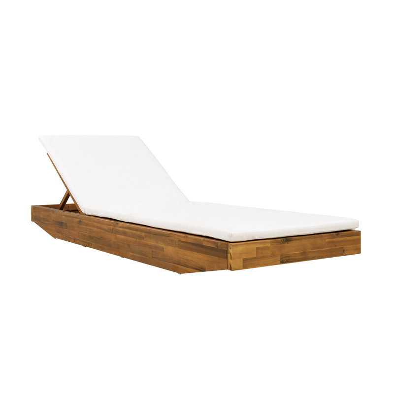 Acacia Wood Chaise Lounge With 2-Fold Thin Cushion - Teak Finish Outdoor Recliner -Repellent Cushion, Cream