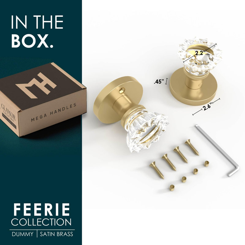Mega Handles Feerie Crystal Dummy Knob - lot de 2 - Bouton anti-rotation pour porte d'entrée / garde-robe et portes françaises, un côté - Laiton satiné