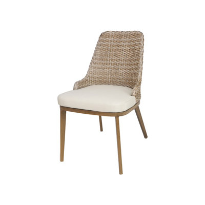 Outdoor Aluminum Chair In Wood Grain Finish with Wicker Woven Back &  Ivory Cushioned Seat