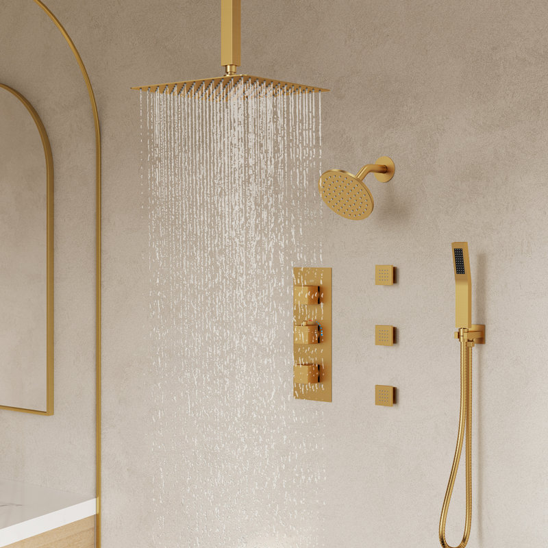 Système de douche thermostatique à double jet effet pluie de 30 cm (12 po) à montage au plafond, avec 6 jets corporels et douchette à main.