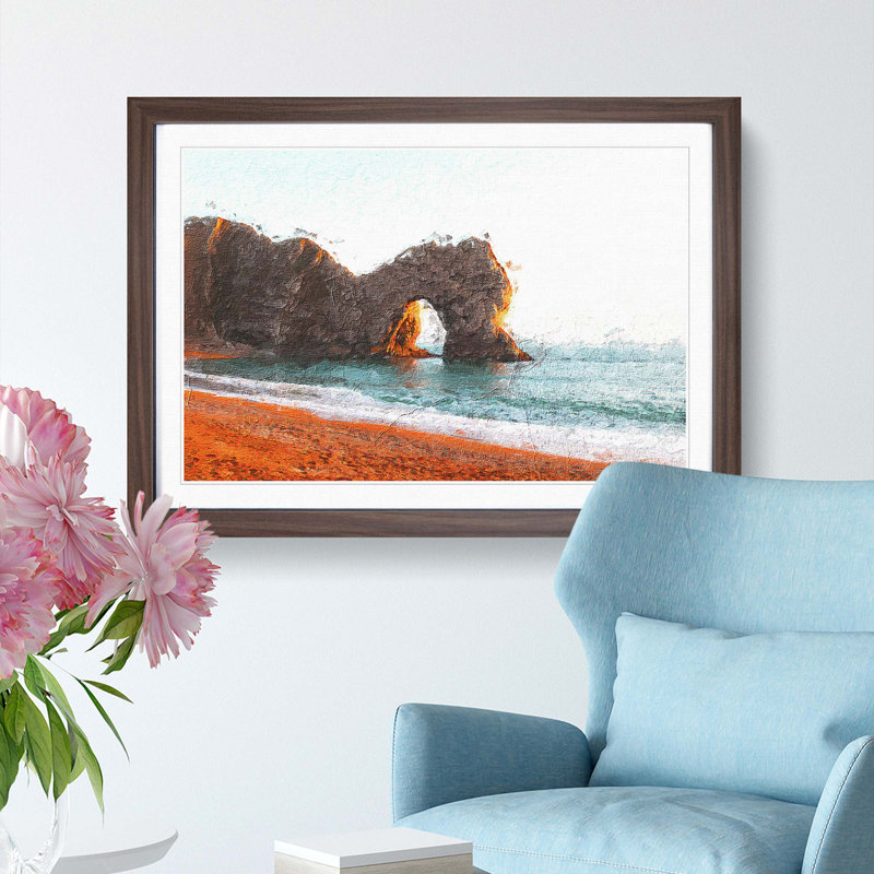 Durdle Door Cliffs at Sunset - Picture Frame Painting Print, 36cm H x 48cm W x 2cm D, Walnut Framed