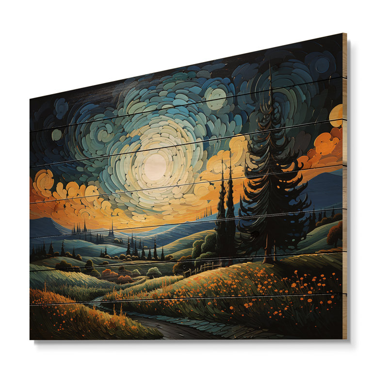 Vangogh le cyprès se balançant III - impression sans cadre sur bois, H 30 po x l 40 po x P 0,78 po