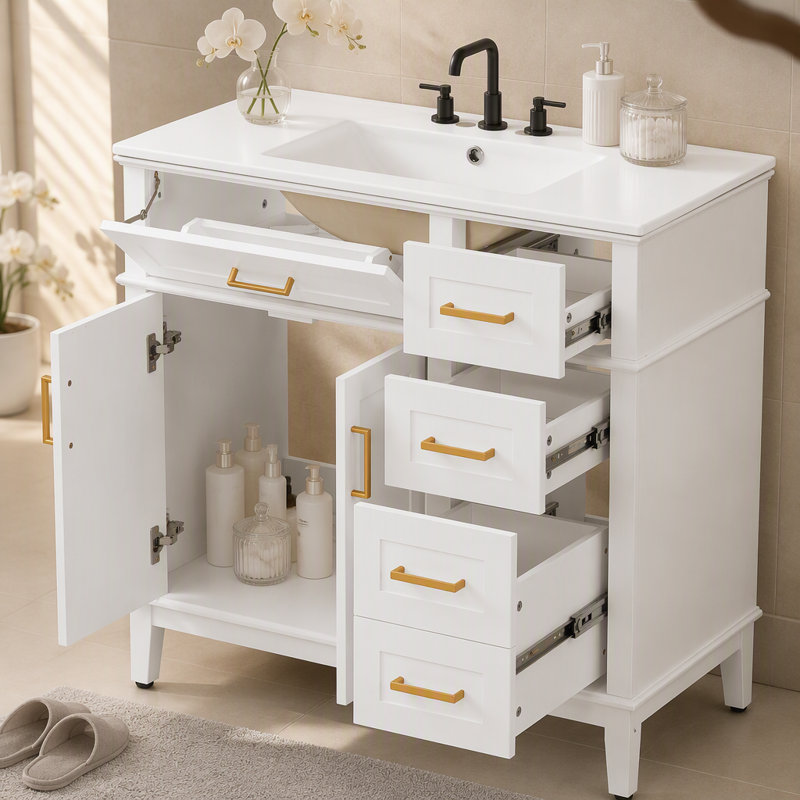 Ce meuble-lavabo moderne de 36 po avec lavabo en céramique, porte à fermeture en douceur et 4 tiroirs de rangement offre un look raffiné avec une fonctionnalité pratique au quotidien.