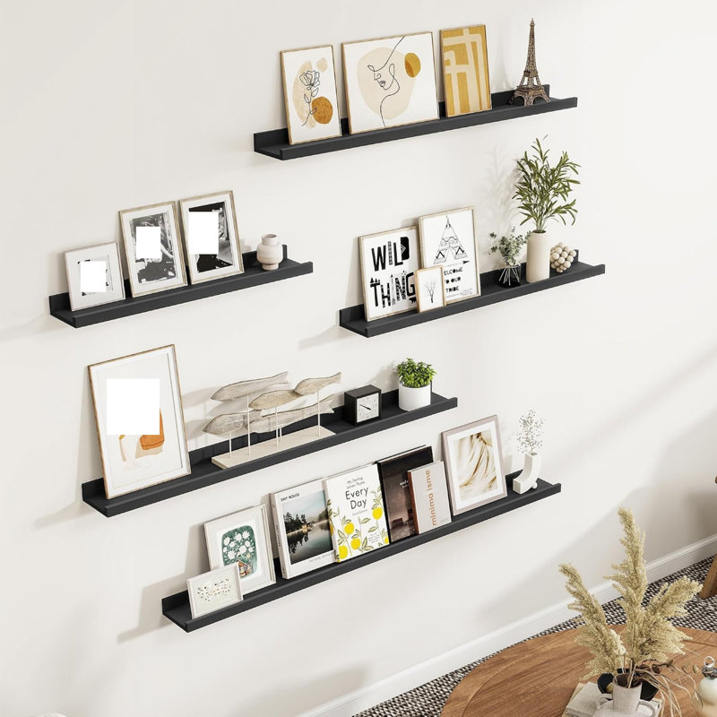 Set of 4 Black Floating Shelves, 122 cm Book Shelves with Ledge