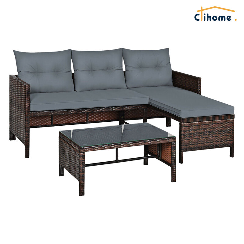 Ensemble de canapé modulaire d'extérieur en rotin 3 pièces pour conversation avec patio Ebern Designs de Heinzfried, Gris