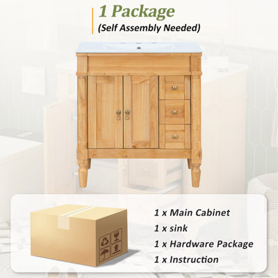Meuble-lavabo moderne de 30 pouces, structure en bois massif et panneau de fibres à densité moyenne, 2 portes et 3 tiroirs, conception à fermeture en douceur, tablette ajustable en forme de U, lavabo en céramique, ensemble d'armoires de rangement pour salle de bain, conception moderne et élégante