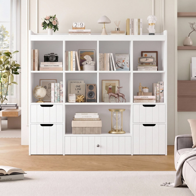 48"W Wood Storage Bookcase With 5 File Drawers, White, White