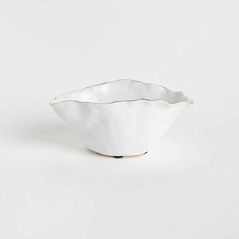 Bordure White Ceramic Wide Vase Small with Gold-Tipped Crimped Edge, Small
