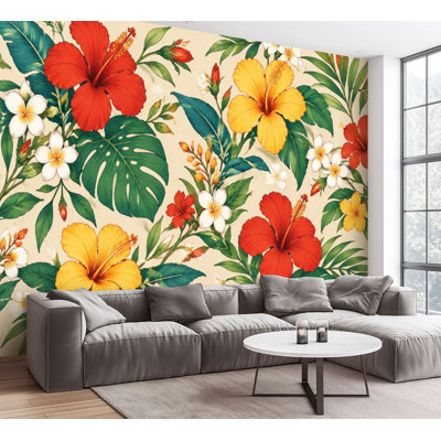 Wall Mural Peel and Stick Vibrant Floral Red Yellow Hibiscus Tropical Leaves Large Wallpaper Self-Adhesive Removable Contact Paper Wall Decor for Living Room Bedroom Nursery 100"H x 144"W