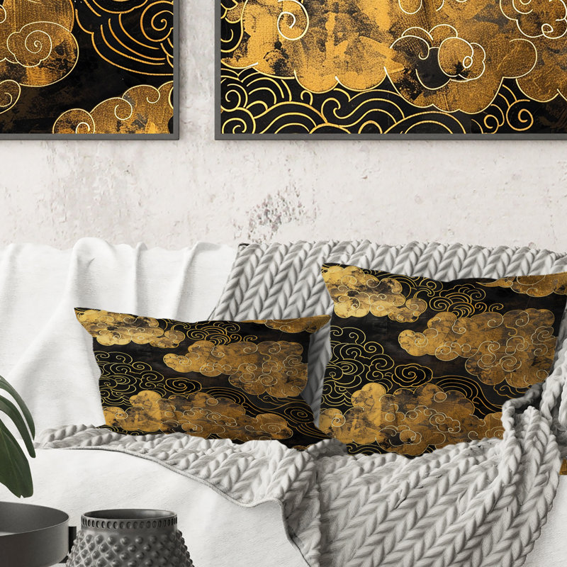 Nuage chinois doré noir II - coussin traditionnel chinois, H 18 po x l 18 po, Carrée