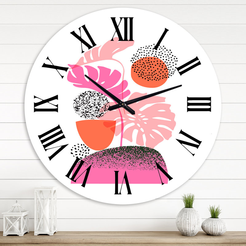 Horloge murale moderne à formes géométriques lune et soleil avec feuilles tropicales, Surdimensionné