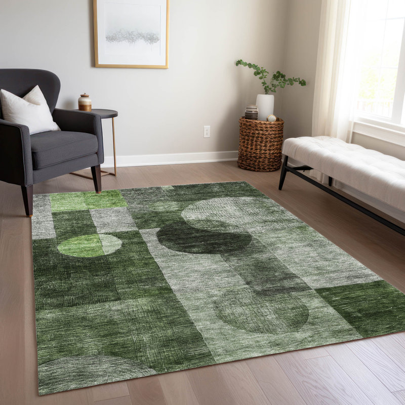 Machine Washable Green and Gray Geometric Fern Rug