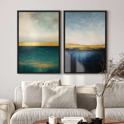 Art mural encadré sur toile - Impressions murales abstraites bleues ciel et mer pour chambre à coucher - 16 po x 24 po x 2 pièces