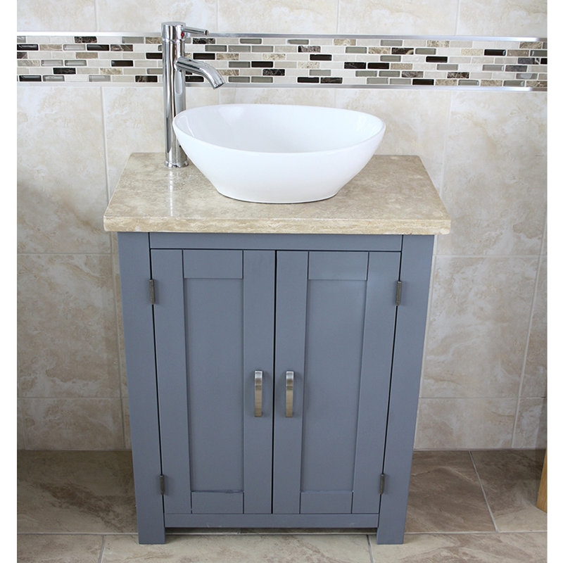 Rodarte 650mm Single Bathroom Vanity with Vessel Ceramic Basin, Travertine, Grey