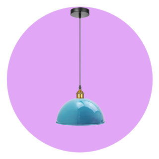 Blue dome pendant light with brass hardware on a purple circular background.