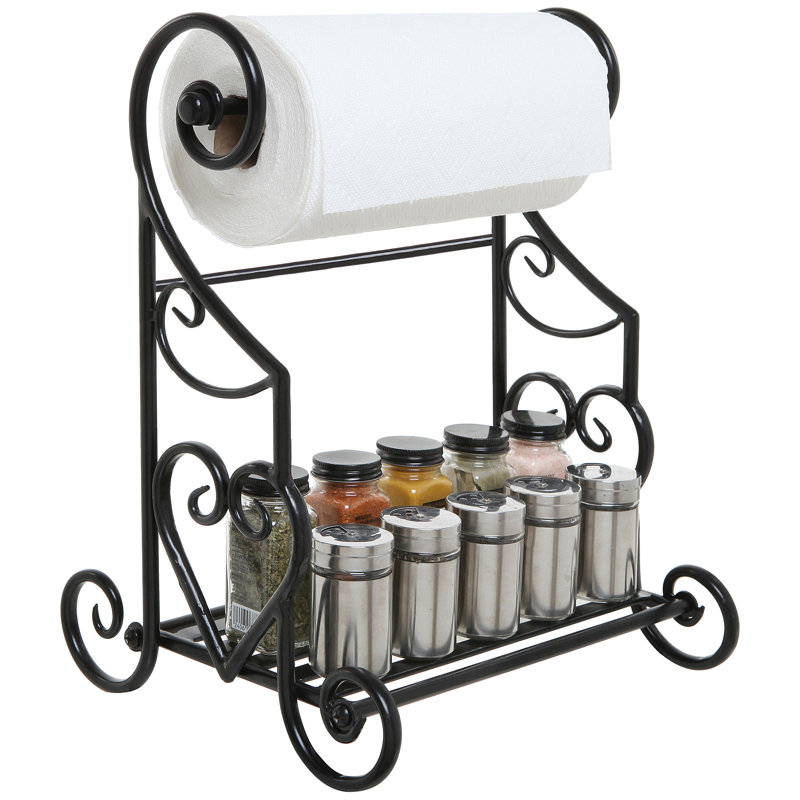Porte-serviettes en métal avec tablette à condiments Black Heart Scroll - Support de comptoir de cuisine gothique