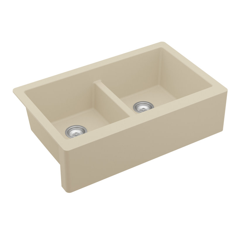 Karran Farmhouse Apron Front Quartz Composite 34'' X 21-1/4'' 50/50 Double Bowl Kitchen Sink, Bisque