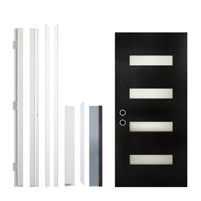 Porte d'entrée en fibre de verre 36 x 80 avec moulure de brique, verre givré, porte en fibre de verre à finition noire - style contemporain pour l'entrée principale de la maison, entrée à droite avec cadre en vinyle blanc 4/9/16