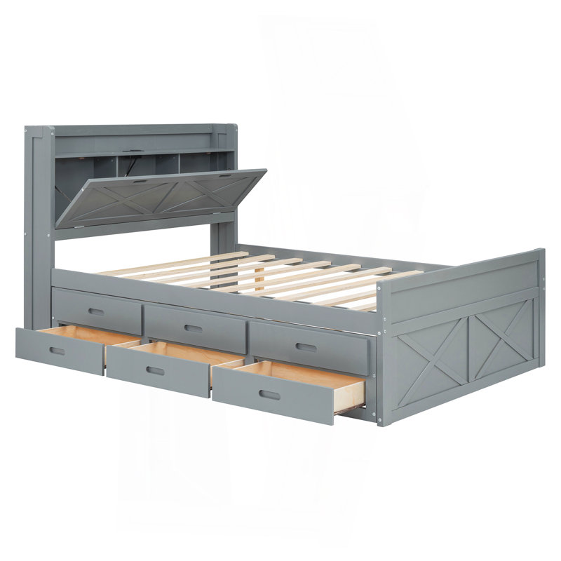 Lit double en bois avec tête de lit avec prises de courant, lit extensible avec lit gigogne simple avec trois tiroirs de rangement, gris