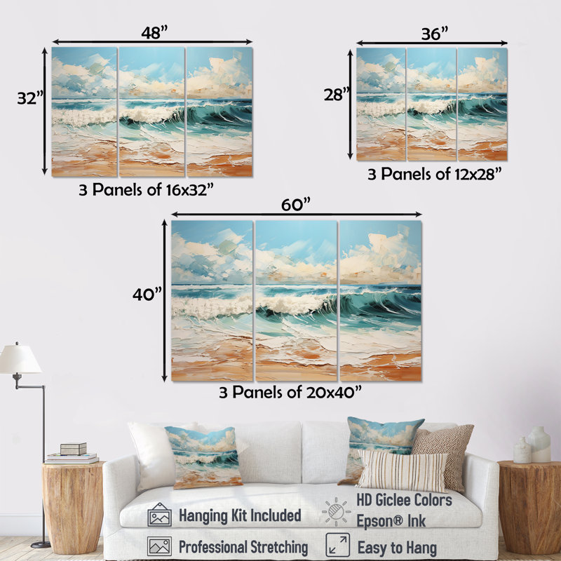 Ensemble de salon Teal Waves Fight I - Beach Wall Art, Toile tendue, H 40 po x l 60 po x P 1 po