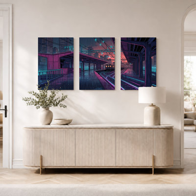 «Rainy Night Train Station», ensemble de 3 toiles sur toile